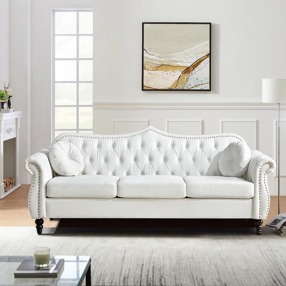 affeivul 3 Seater Chesterfield Sofa Velvet, Modern Tufted Velvet Couch with Scroll Arms and Nailhead, Classic Chesterfield Settee Couches (White)