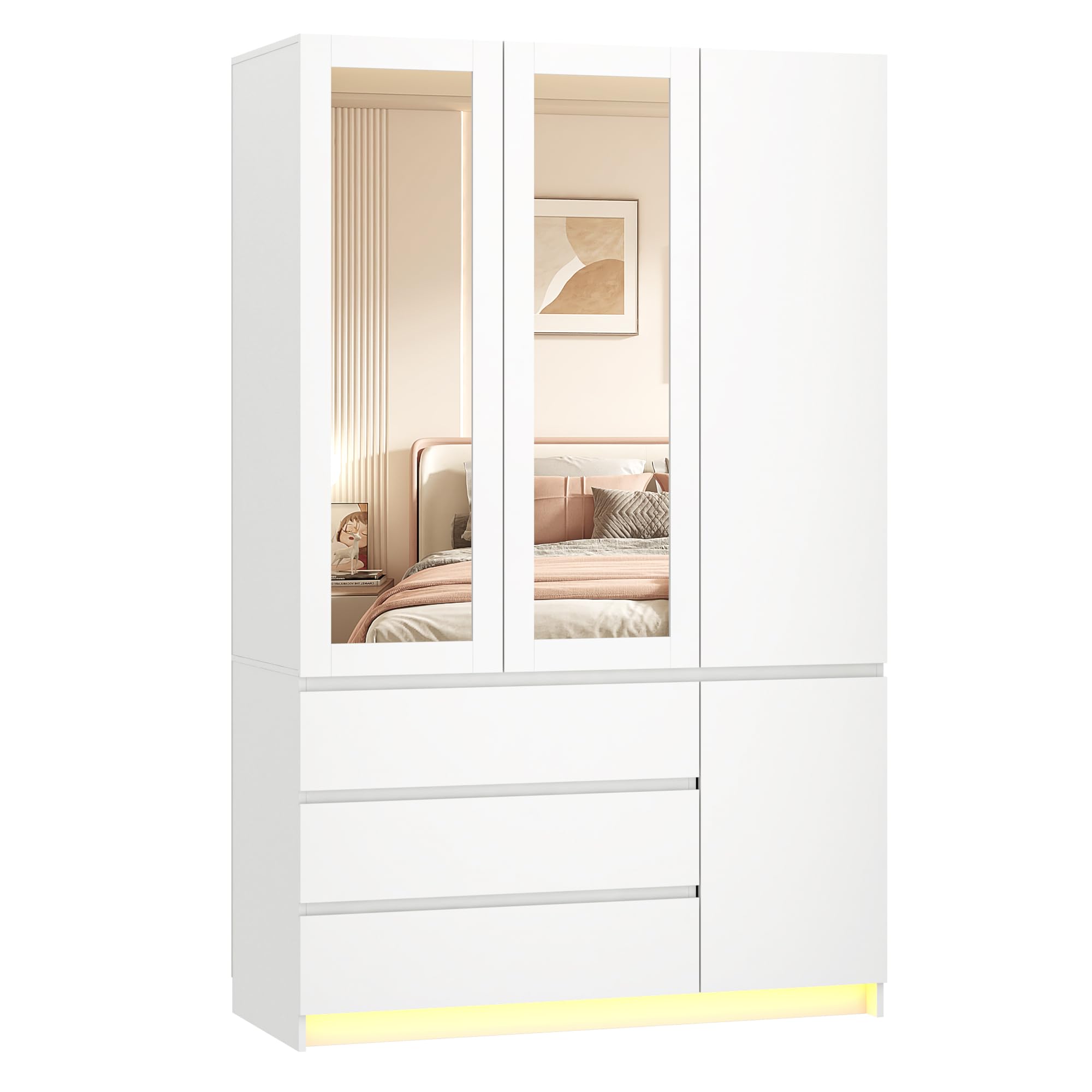 3-Door Armoire Wardrobe with Mirror and LED Lights