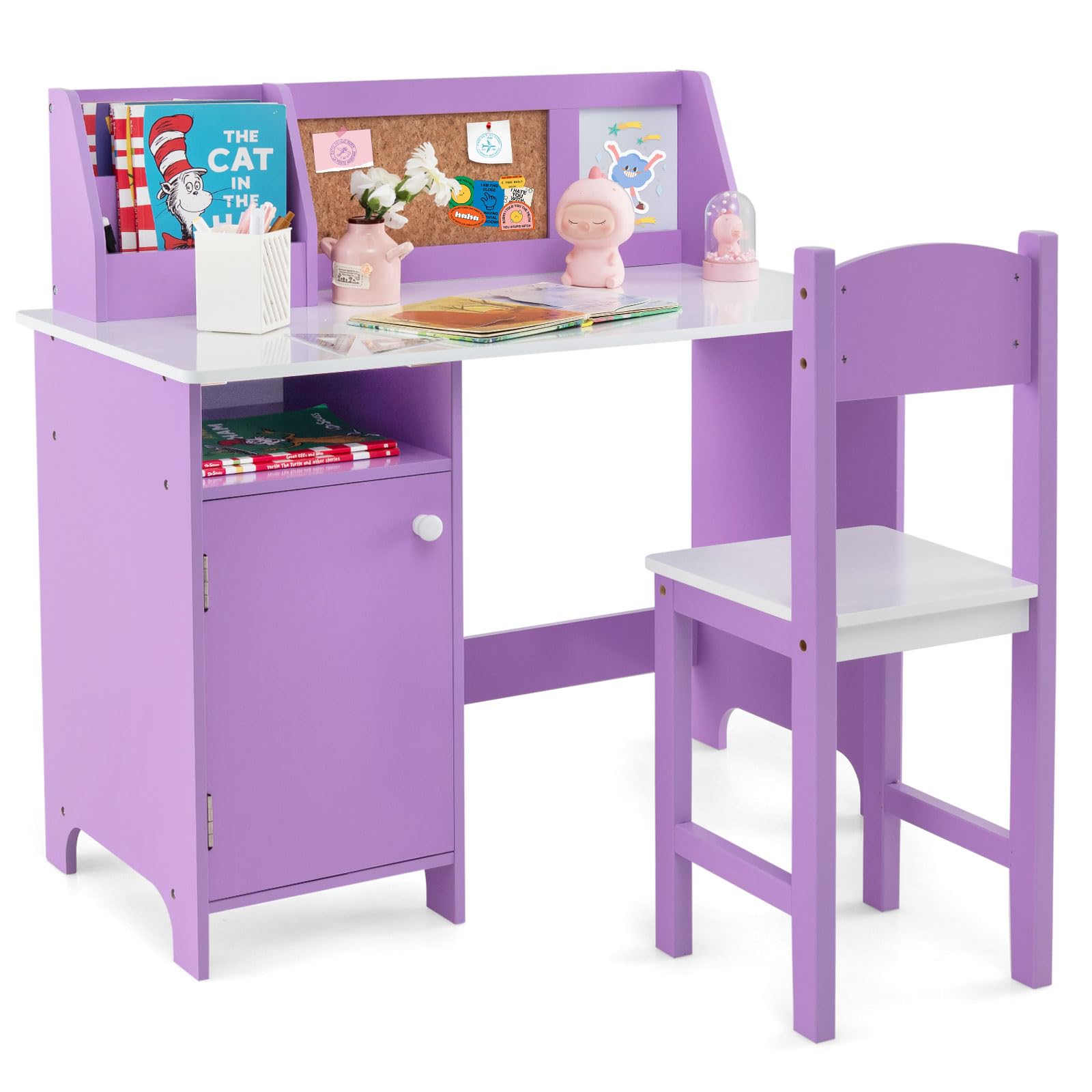 Kids Desk and Chair Set with Hutch, Cork Board and Whiteboard