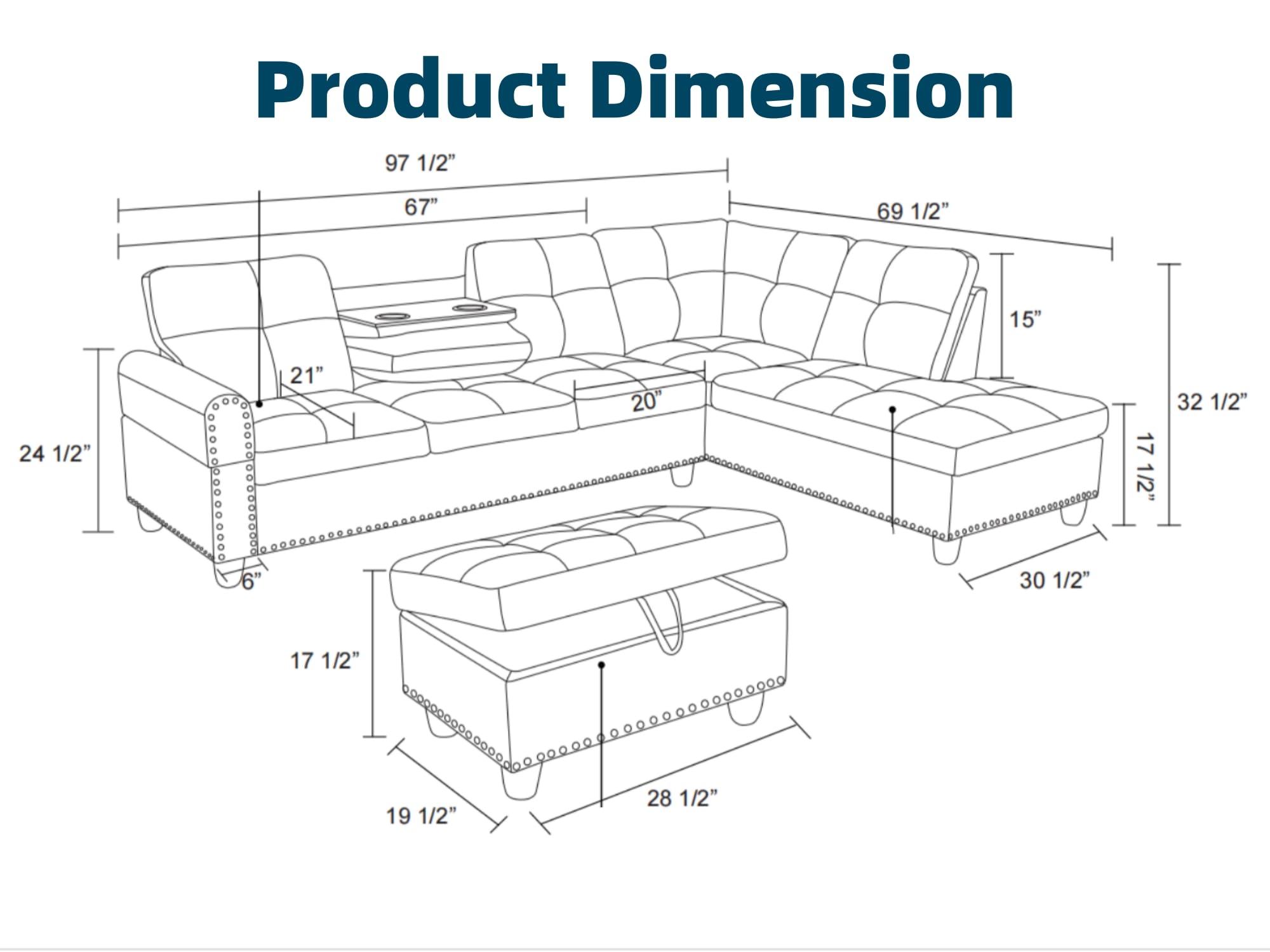L Shaped Modular Sectional Sofa Set with Storage Ottoman