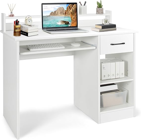 White Desk with Drawer and Keyboard Tray