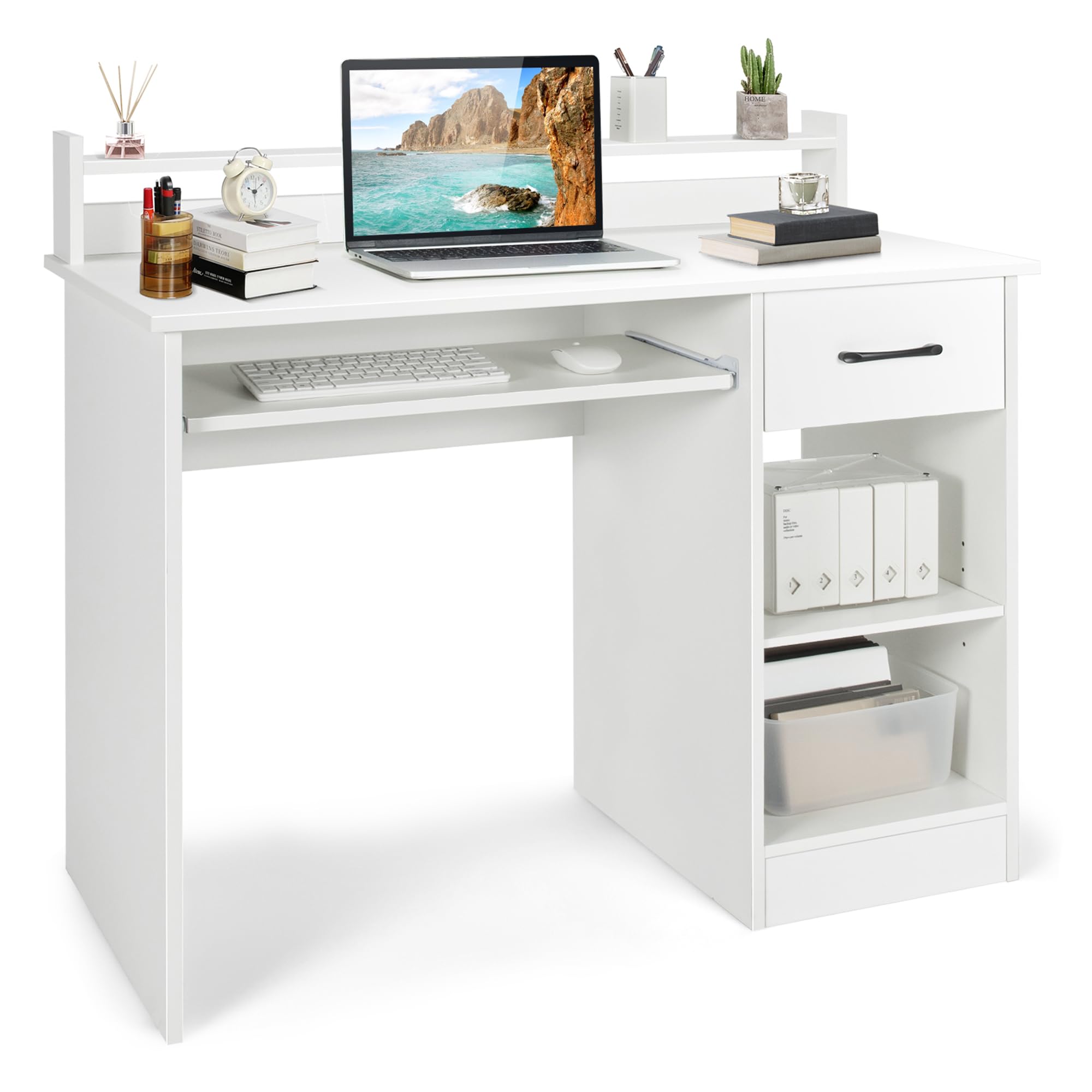 White Desk with Drawer and Keyboard Tray