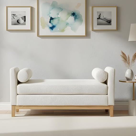 Oversized Upholstered Bench Ottoman with Bolster Pillows