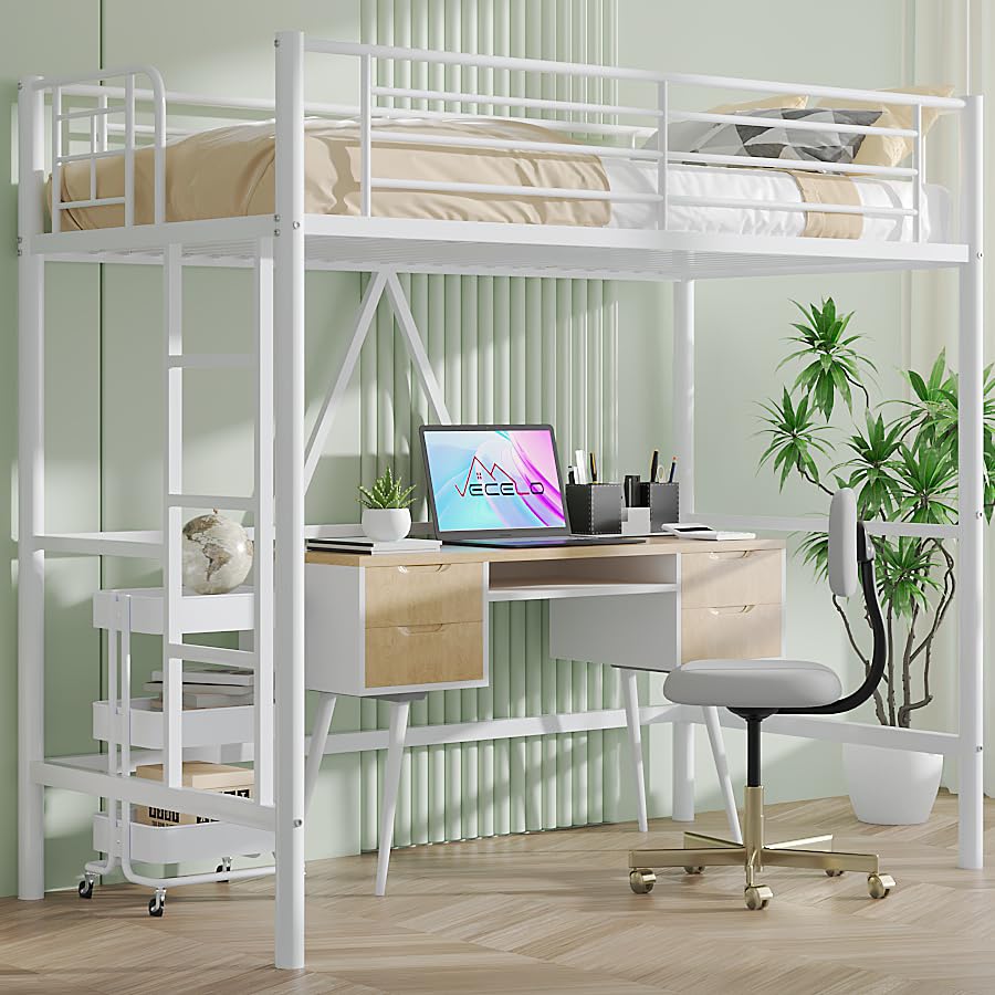 Twin Metal Loft Bed with Ladder and Safety Guardrail