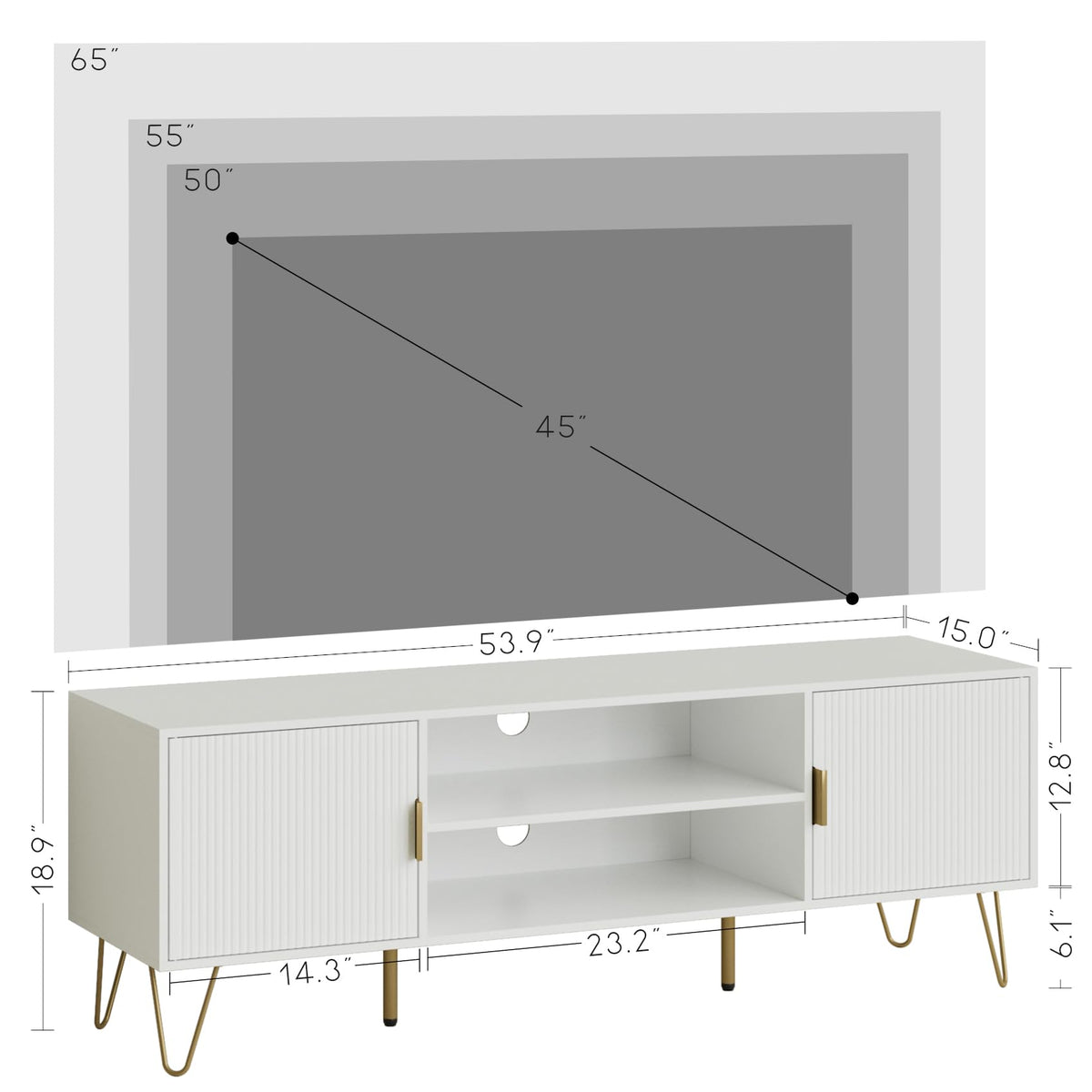 TV Stand for 55-65 Inch TV with Soft Hinge Door and 2 Cabinets