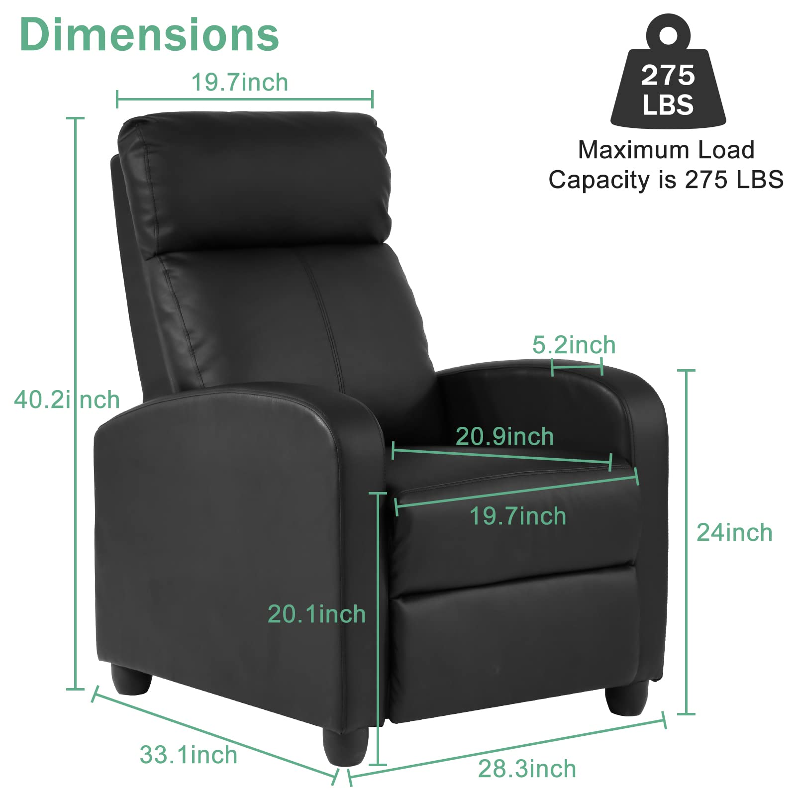 CL.HPAHKL Living Room Recliner Chair Modern Reclining Easy Lounge Winback Single Sofa Reading Chair PU Leather Home Theater Seating Adjustable Accent Armchair w/Thick Seat Cushion & Backrest, Black