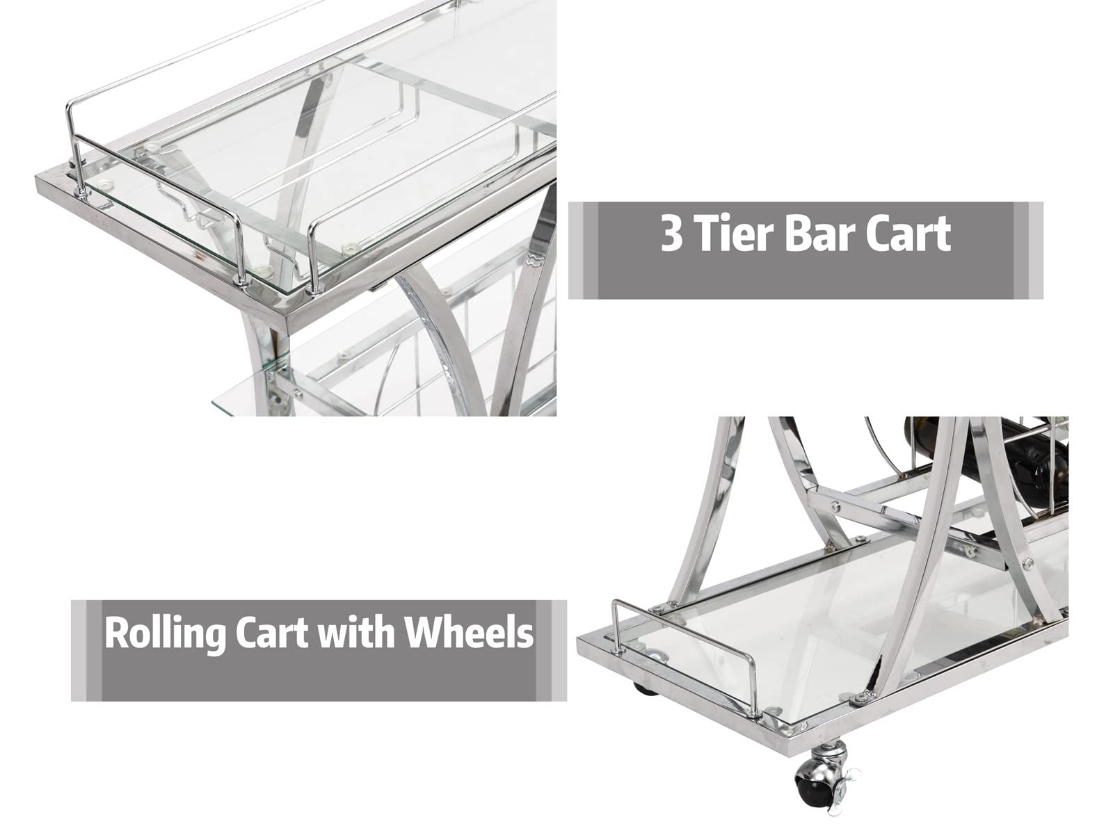 3-Tier Silver Bar Cart with Glass Holders and Wine Rack