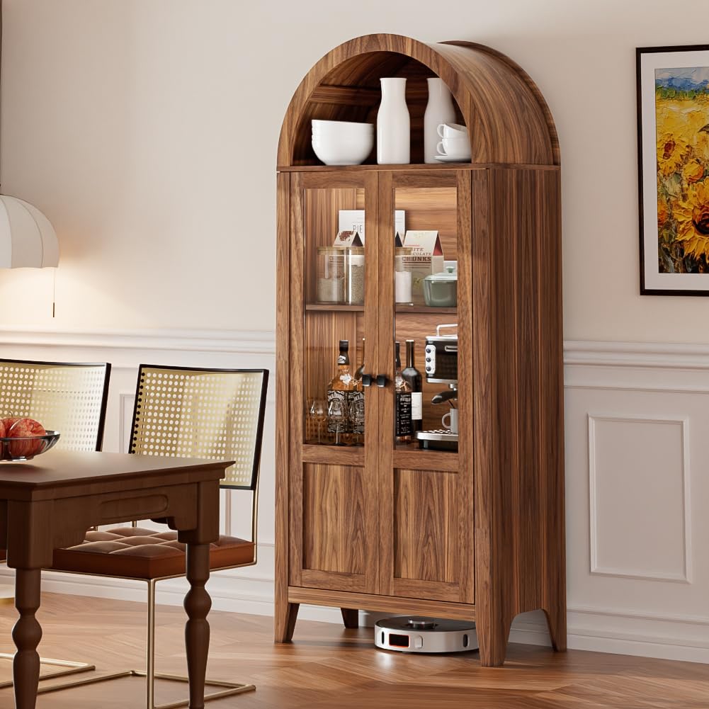 70" Arched Kitchen Pantry Cabinet with Glass Doors