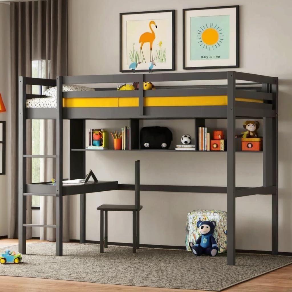 Twin Size Loft Bed with Shelves and Desk