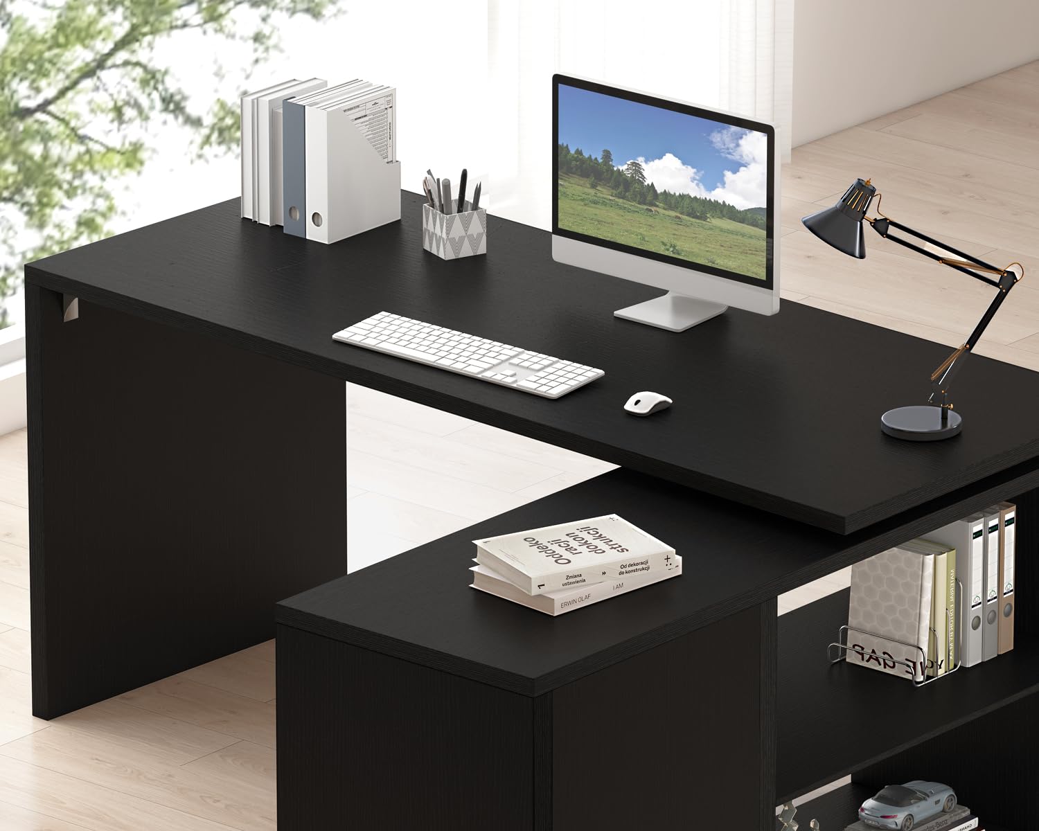 L-Shaped Corner Desk with Storage Shelves
