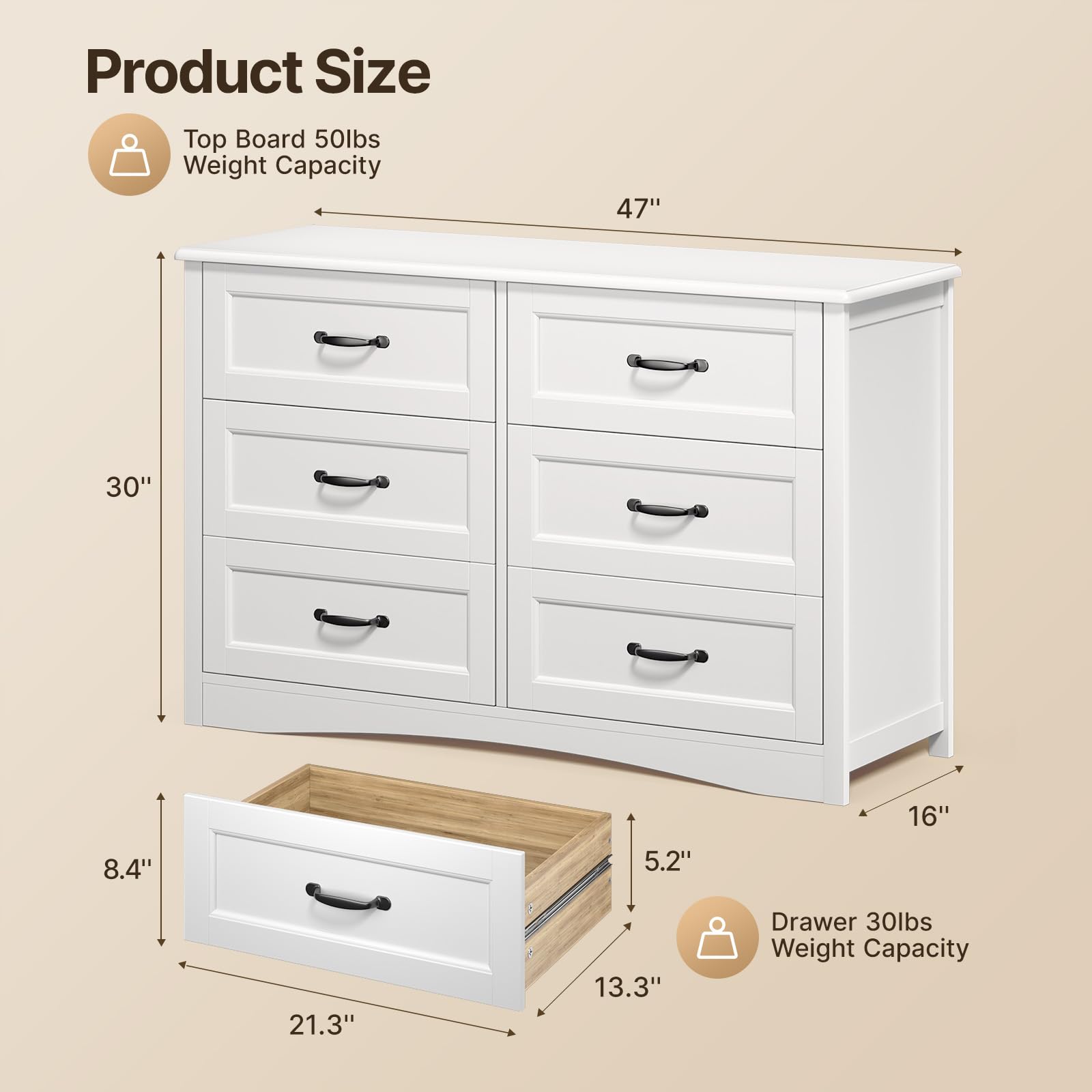 6 Drawer Dresser for Bedroom 47 Inch White