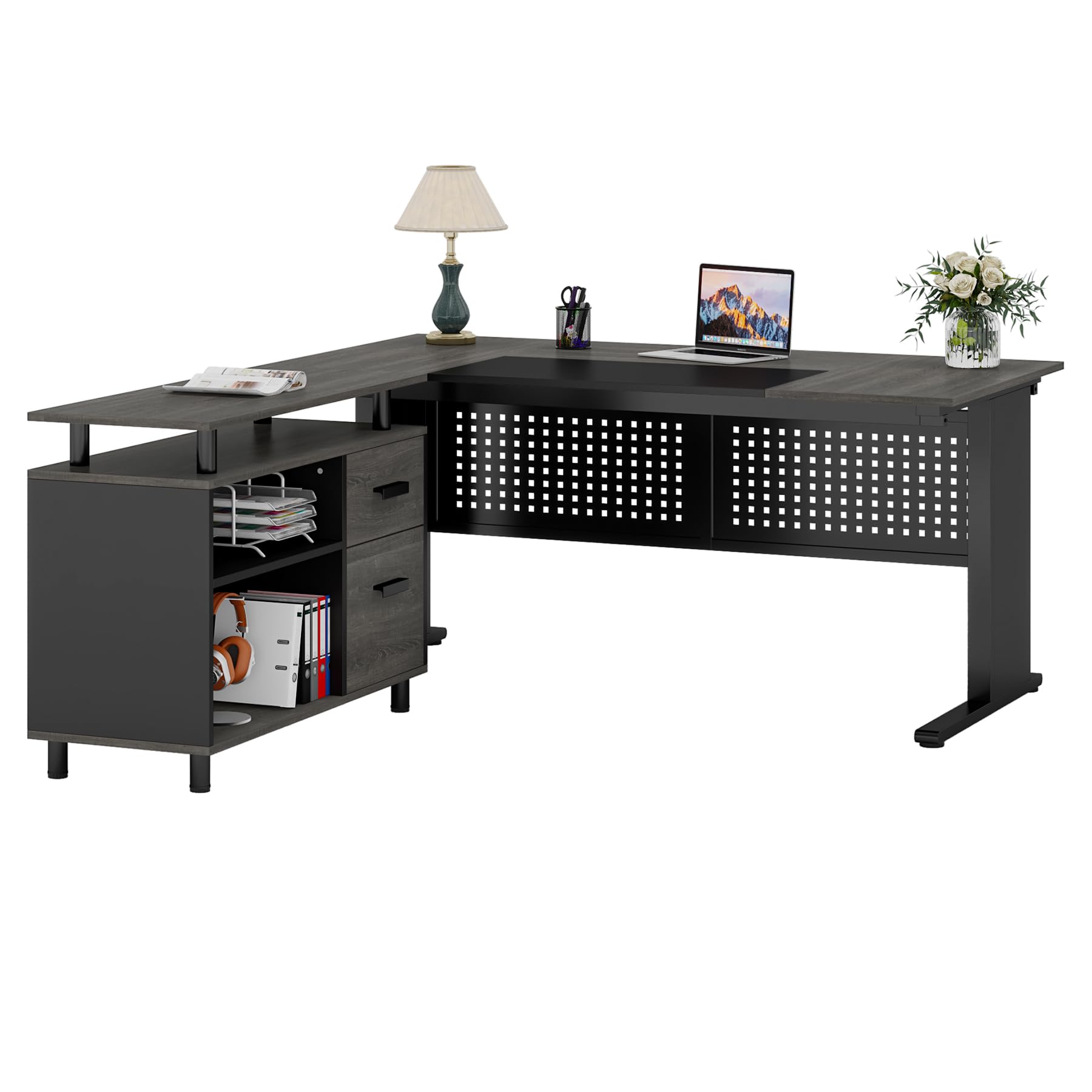 63 Inch L-Shaped Executive Desk with File Cabinet and Storage Shelves