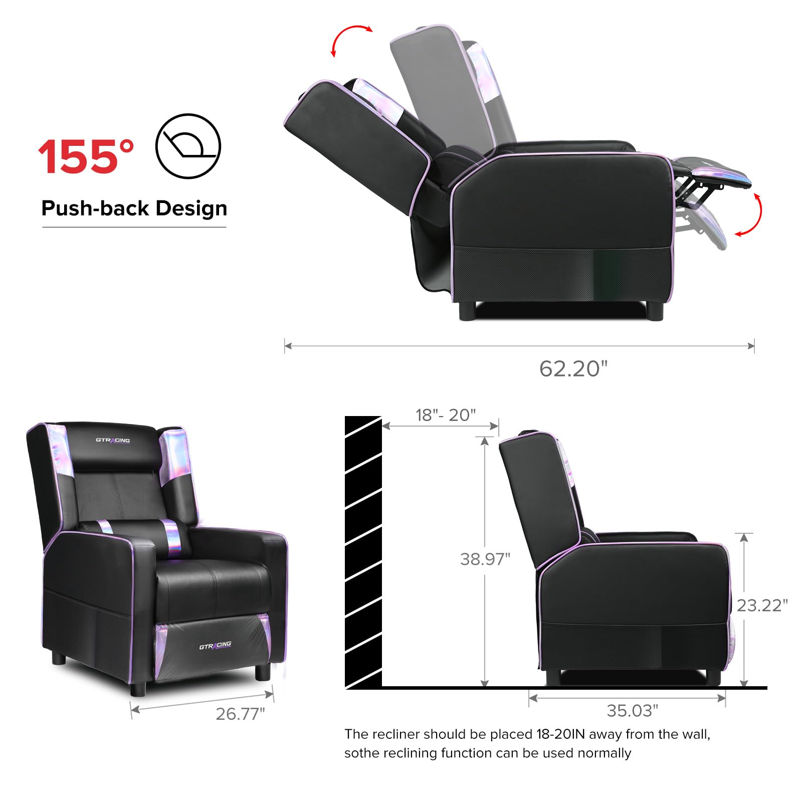 GTRACING Gaming Recliner Chair for Living Room Racing Style Single PU Leather Gaming Sofa for Adults Modern Game Recliners Ergonomic Comfortable Home Theater Seating, Purple