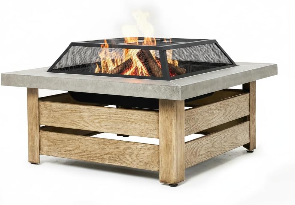Square Wood Burning Fire Pit with Wood-Grain Panels