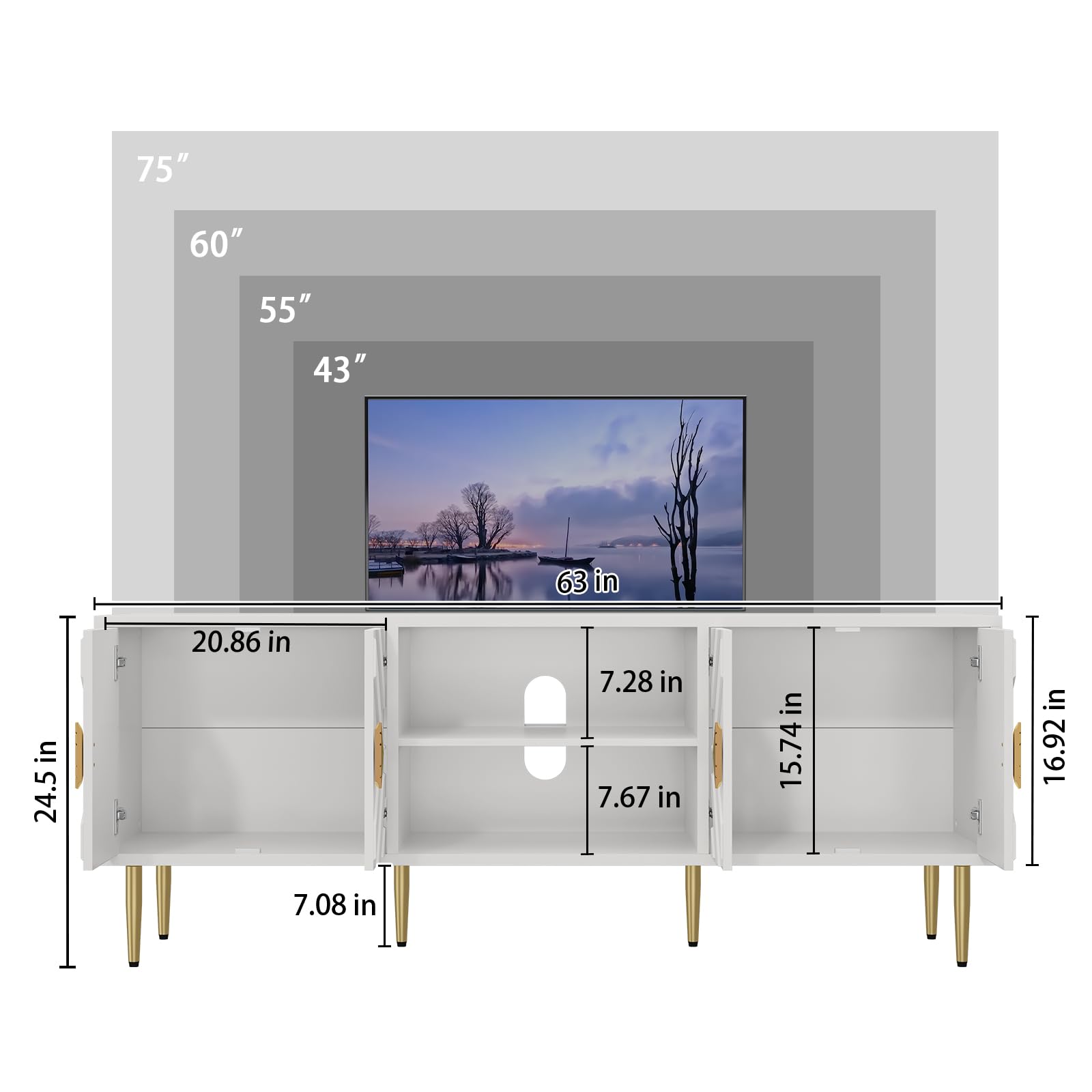 63'' White TV Stand with Storage Cabinets and Embossed Doors