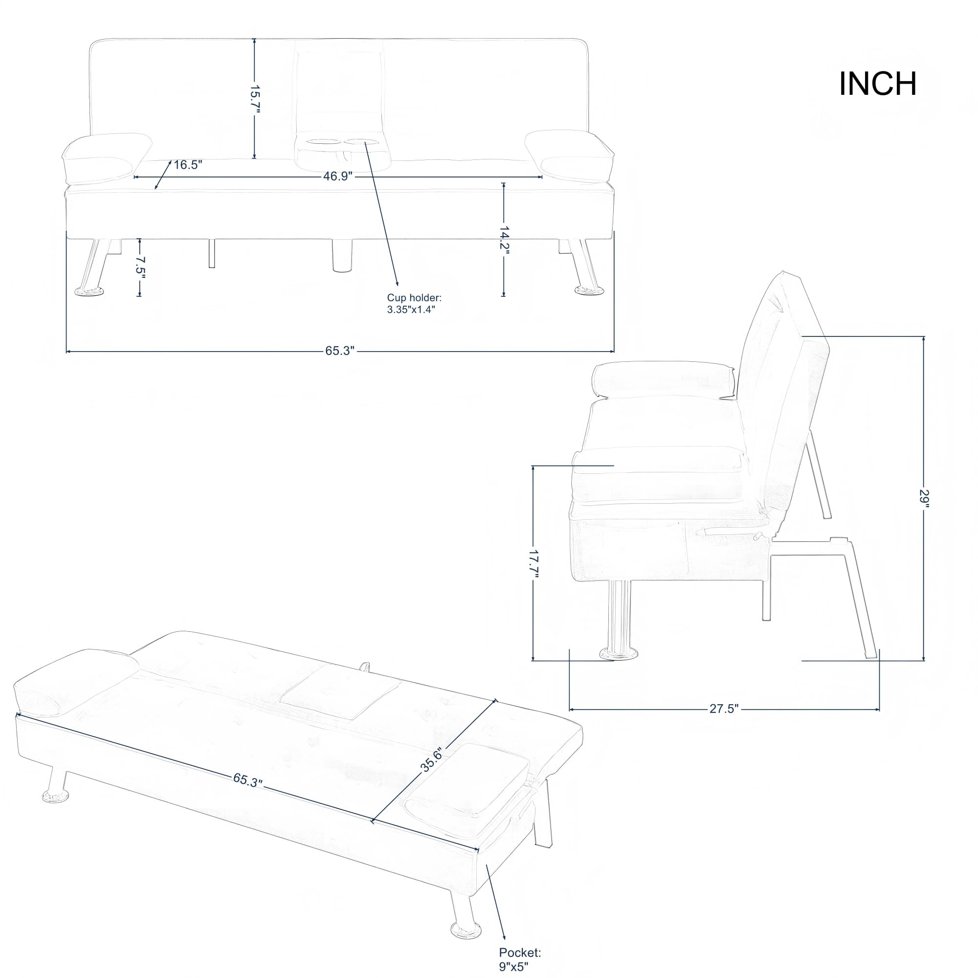 Convertible Folding Futon Sofa Bed with Cup Holders