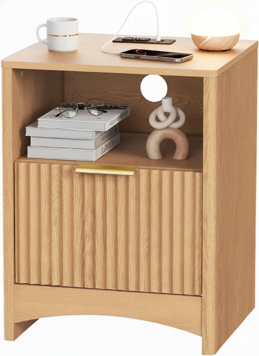 Fluted Nightstand with Charging Station