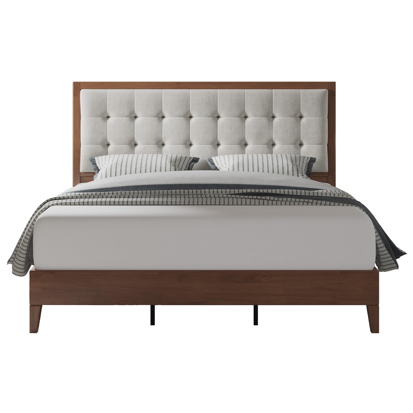 Queen Size Solid Wood Platform Bed Frame with Tall Tufted Headboard
