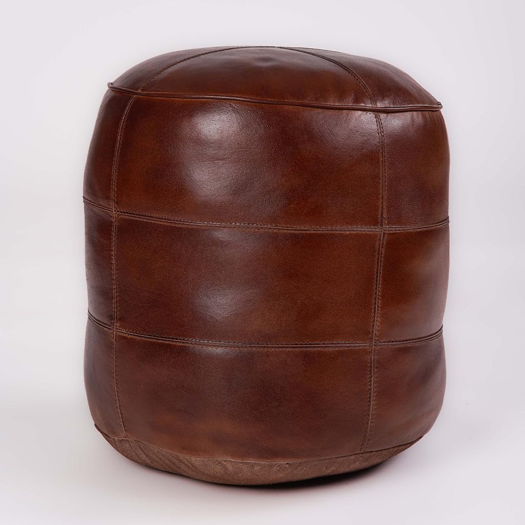 Handmade Buffalo Leather Round Pouf Ottoman