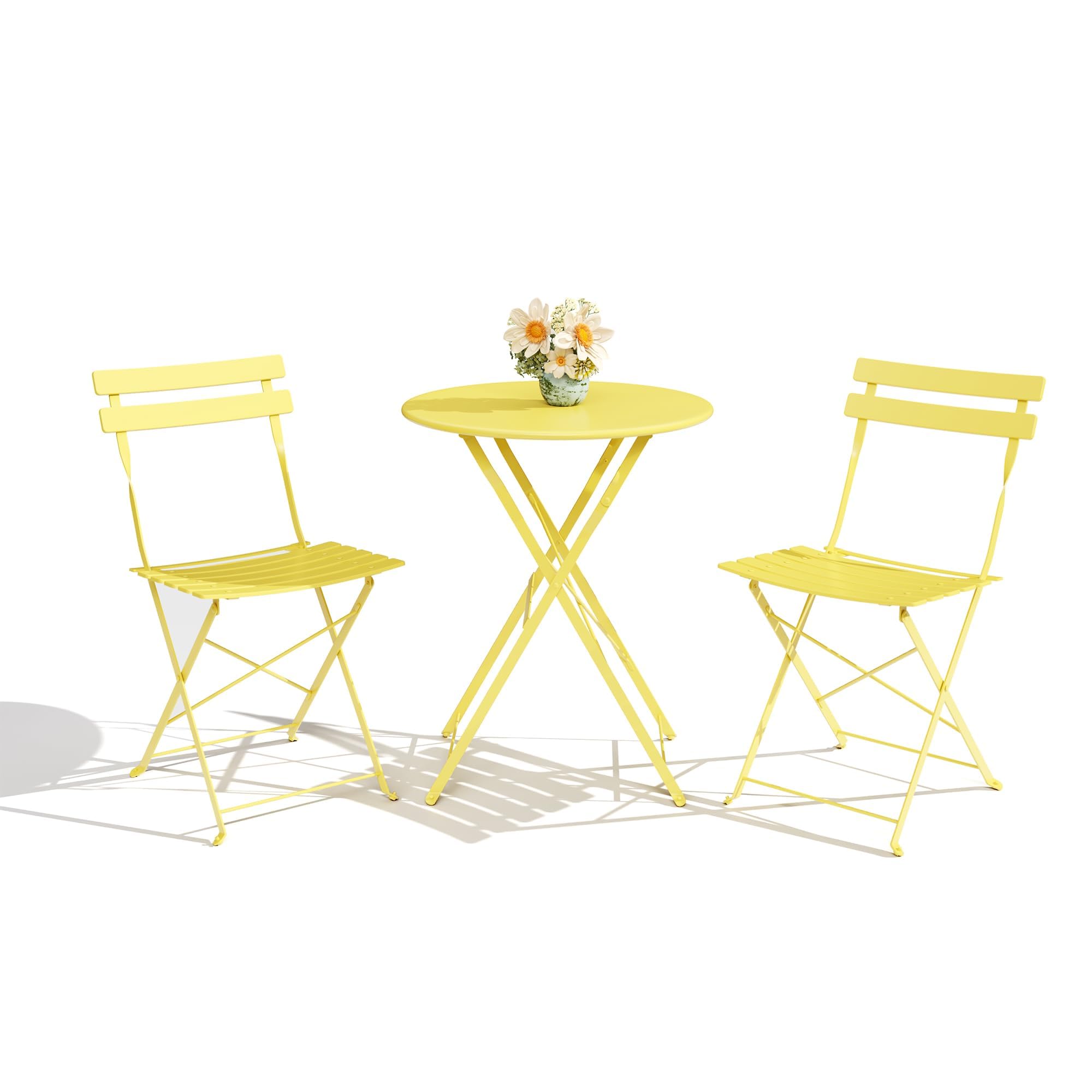 Patio Bistro Sets, 3-Piece Outdoor Furniture with Round Table & 2 Folding Chairs, Compact Balcony Set for Small Spaces, Porch/Garden, Yellow