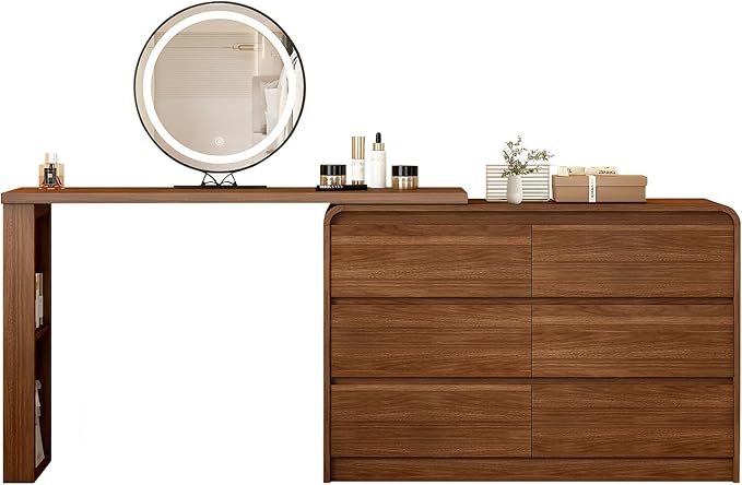 L-Shape Vanity Desk with LED Mirror and Lights - 6 Drawer Makeup Dresser