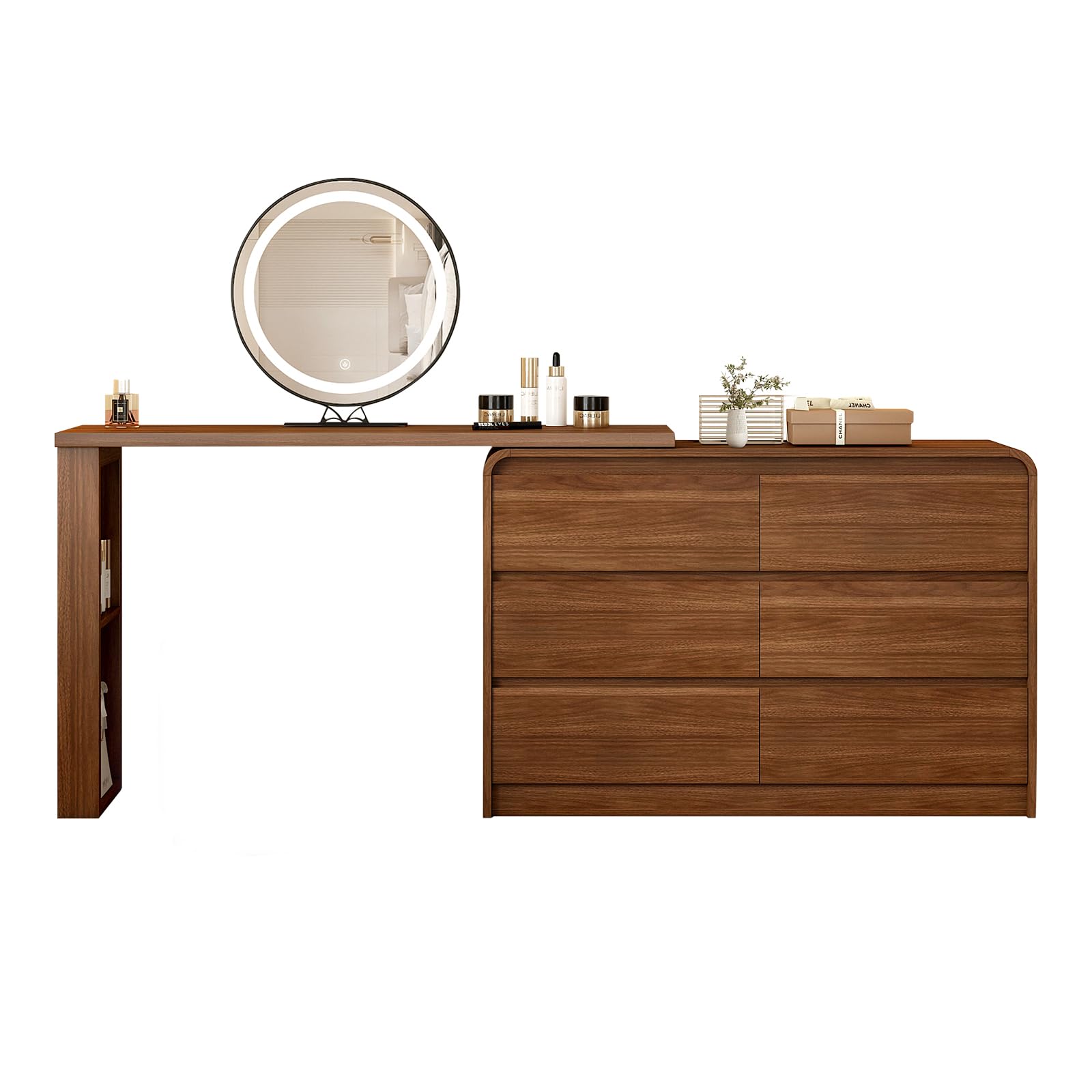 L-Shape Vanity Desk with LED Mirror and Lights - 6 Drawer Makeup Dresser