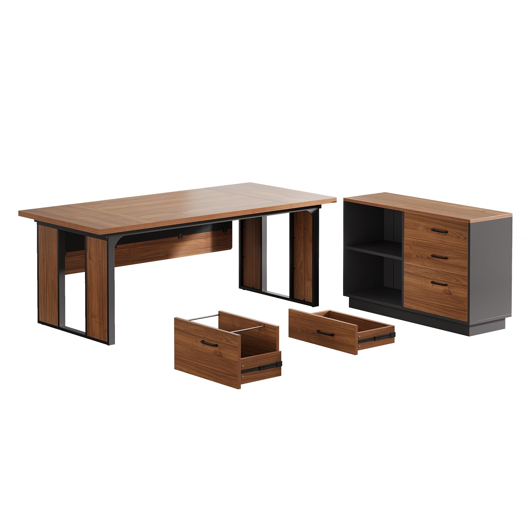 63'' L-Shaped Executive Desk with Drawers Cabinet and Storage Shelves