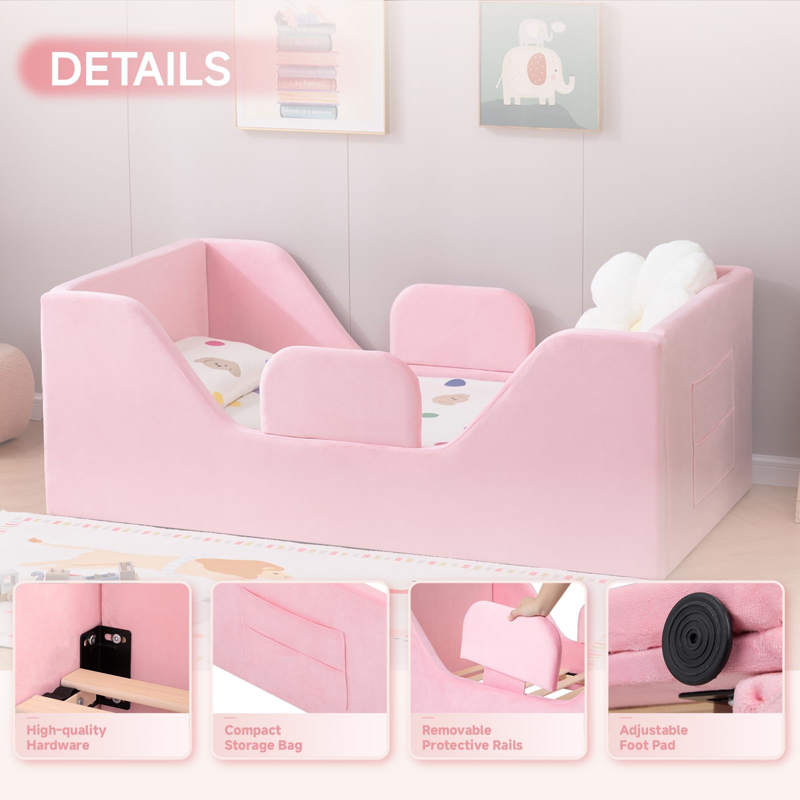 Zumspiel Toddler Floor Bed with Removable Safety Rails and Storage Bag, Kids Bed for Girl and Boys, Standard Crib Size, Safety Upholstered Child Beds, Low to Floor Design