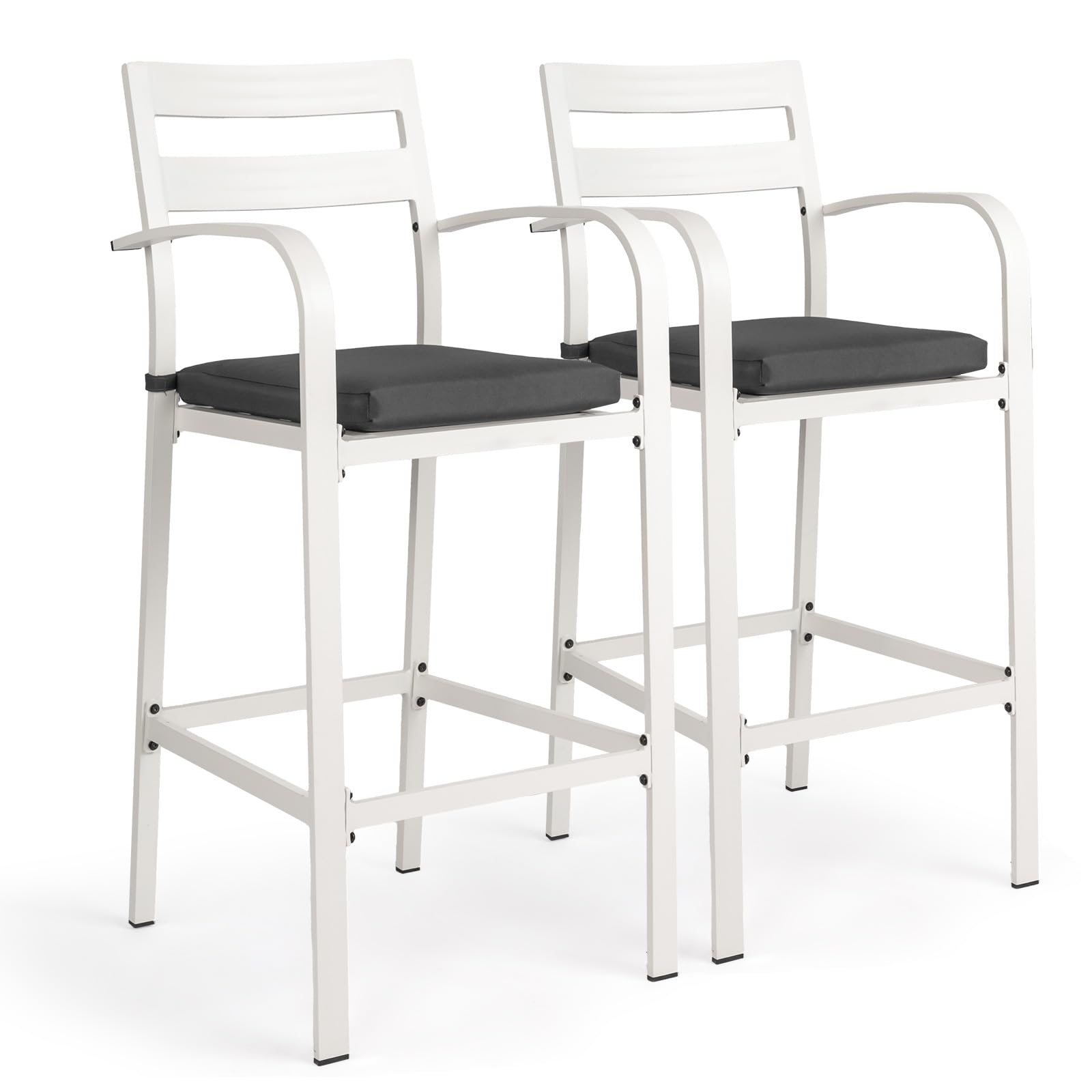 VINGLI Outdoor Bar Stools Set of 2, All-Weather Bar Height Aluminum Stools with 1.6" Thick Cushion, Rust-Proof Patio Chairs for Backyard, Poolside, Balcony & Kitchen Island (White)