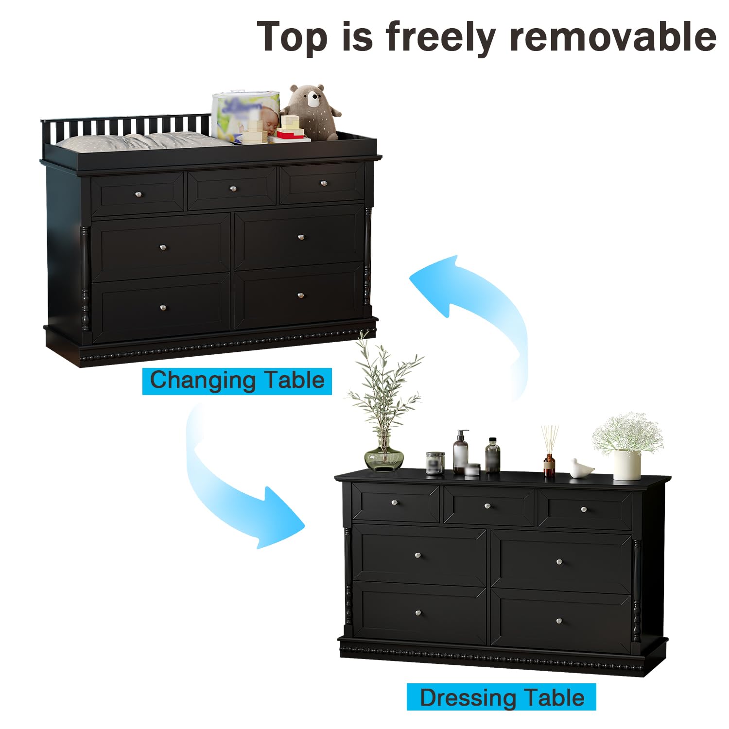 Baby Dresser with Changing Table Top - 7 Drawer Nursery Station
