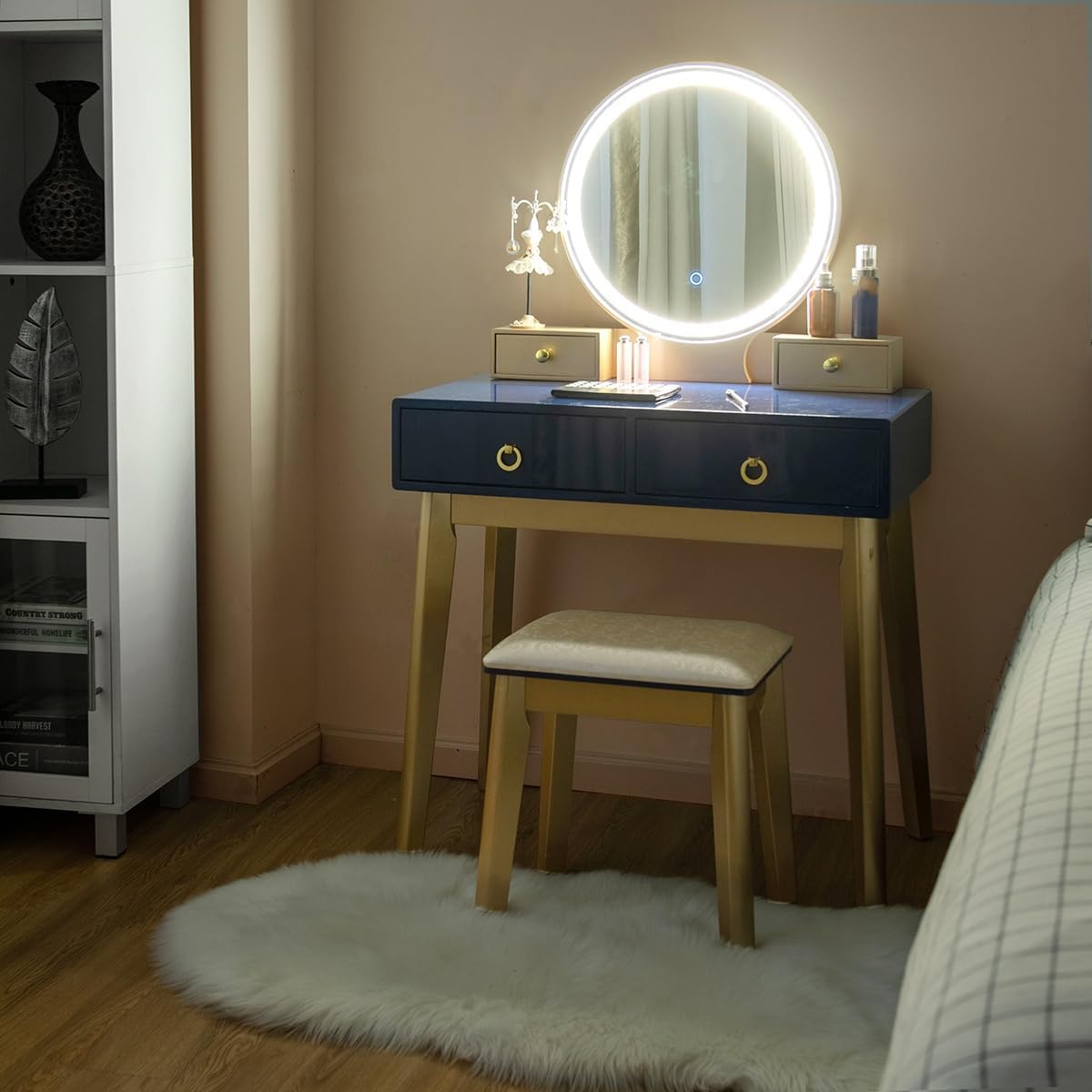 Navy Blue Vanity Desk with 3-Color Lighted Mirror and 4 Drawers