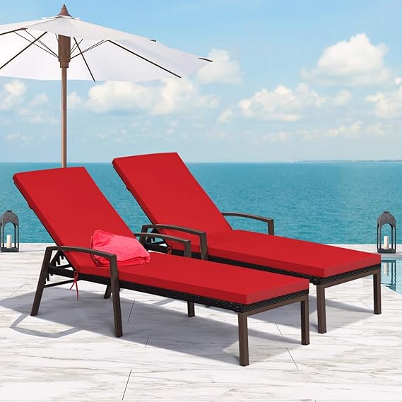 Outdoor Rattan Wicker Chaise Lounge Set of 2 with Adjustable Backrest