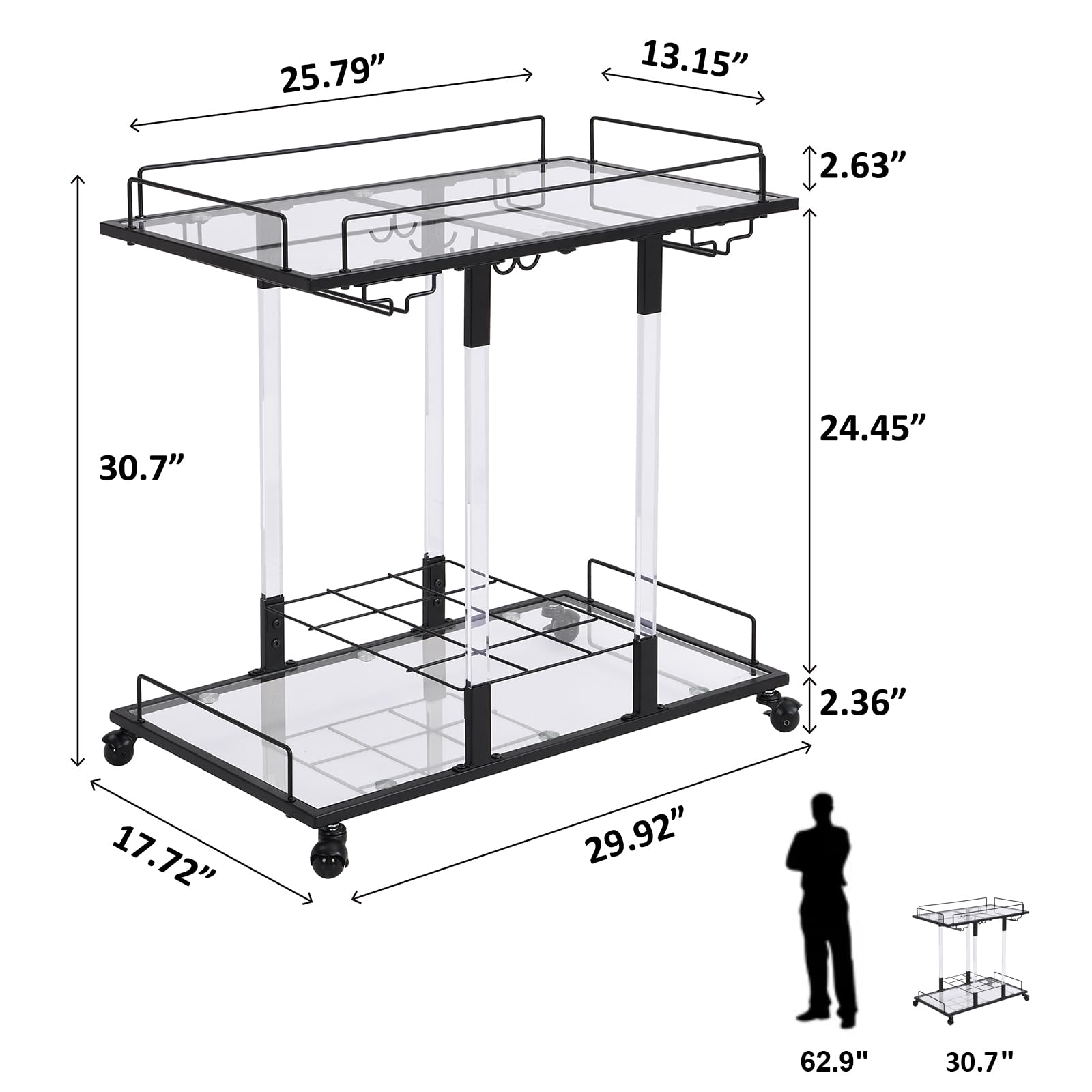 2-Tier Acrylic Rolling Bar Cart with Wine Rack