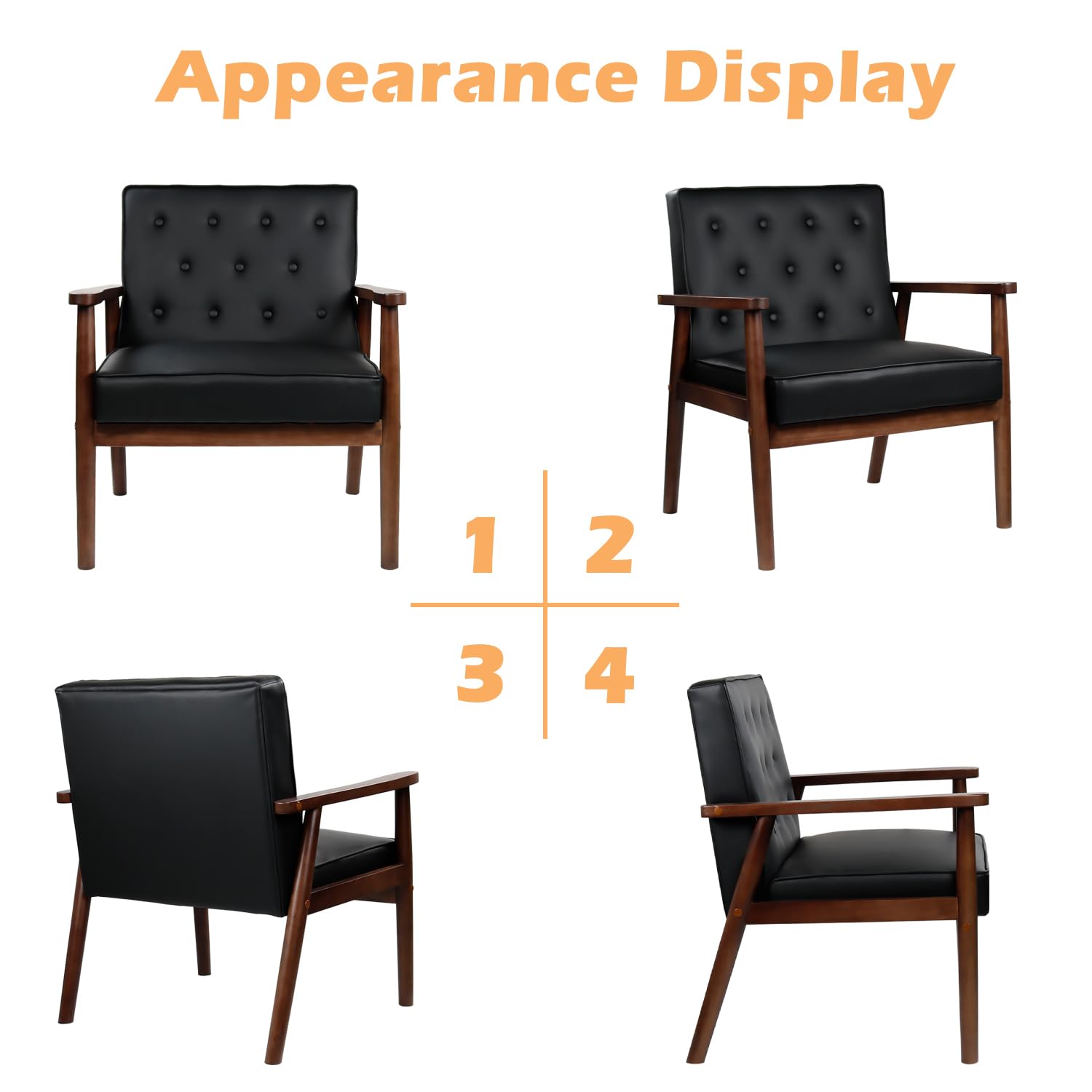 JIASTING Mid-Century Retro Modern Solid Wood Armrest Accent Chair, Faux Leather Tufted Back Upholstered Lounge Chairs, Living Room Furniture (Black 8325)