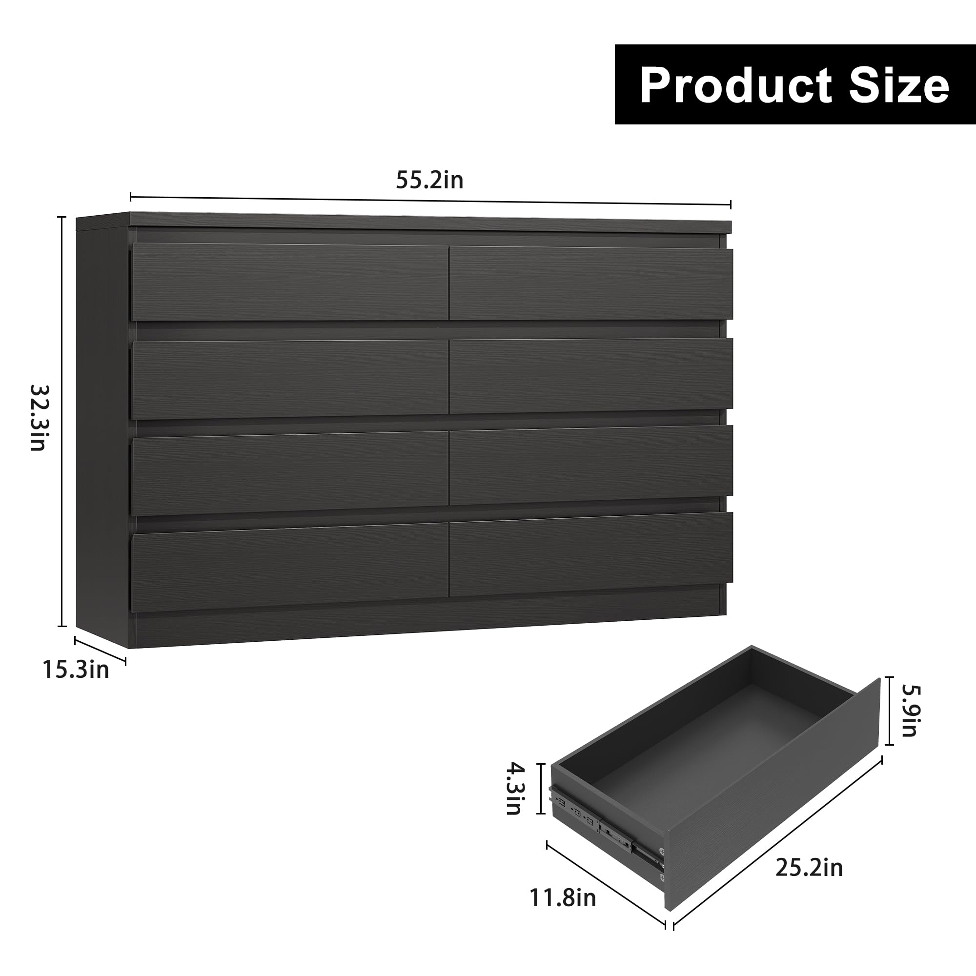 Modern Black 8 Drawer Dresser with Deep Storage