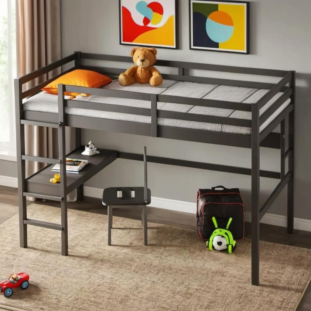 Twin Size Loft Bed with Shelves and Desk