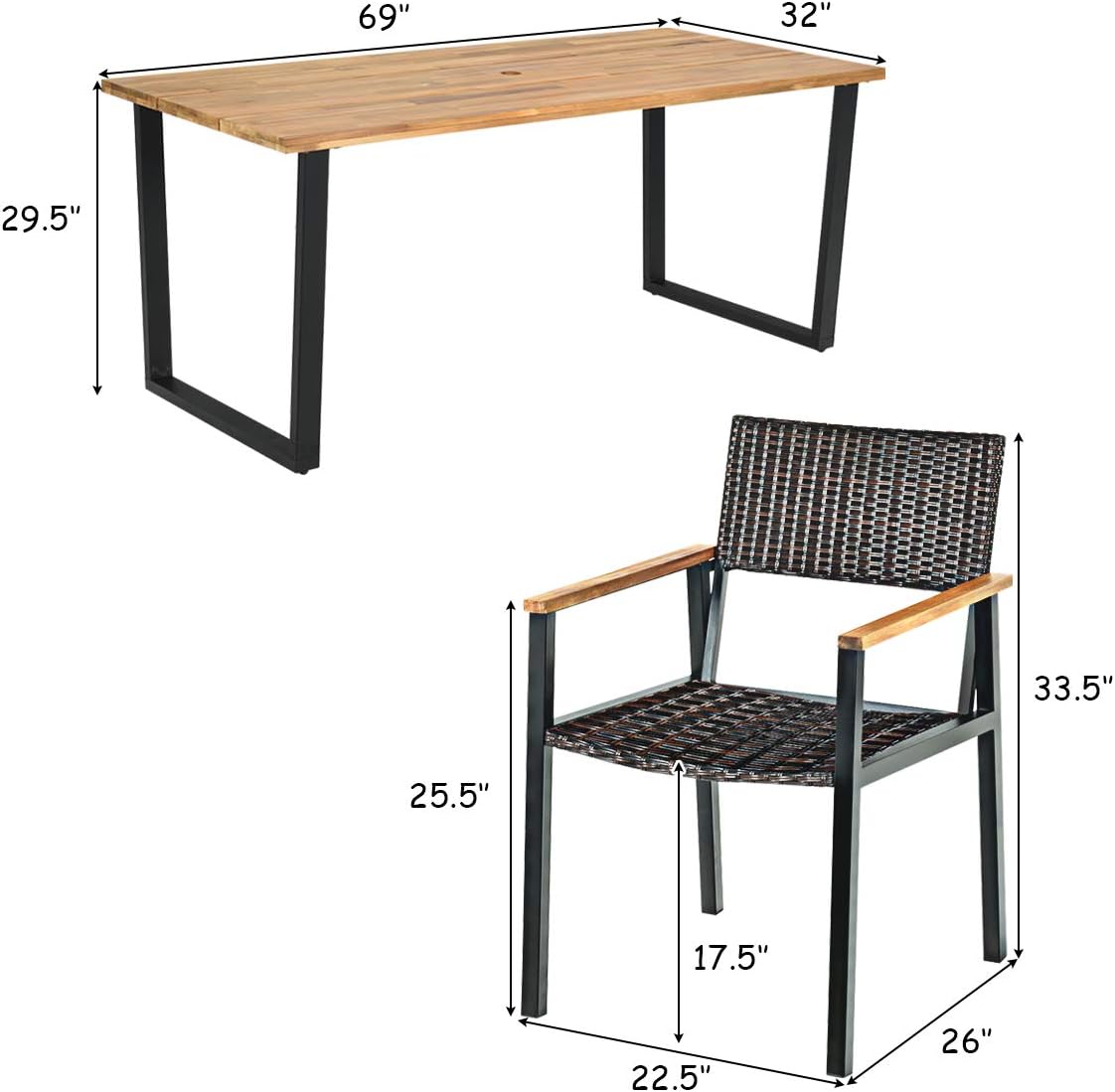 7-Piece Outdoor Dining Set with Acacia Wood Table and Rattan Chairs