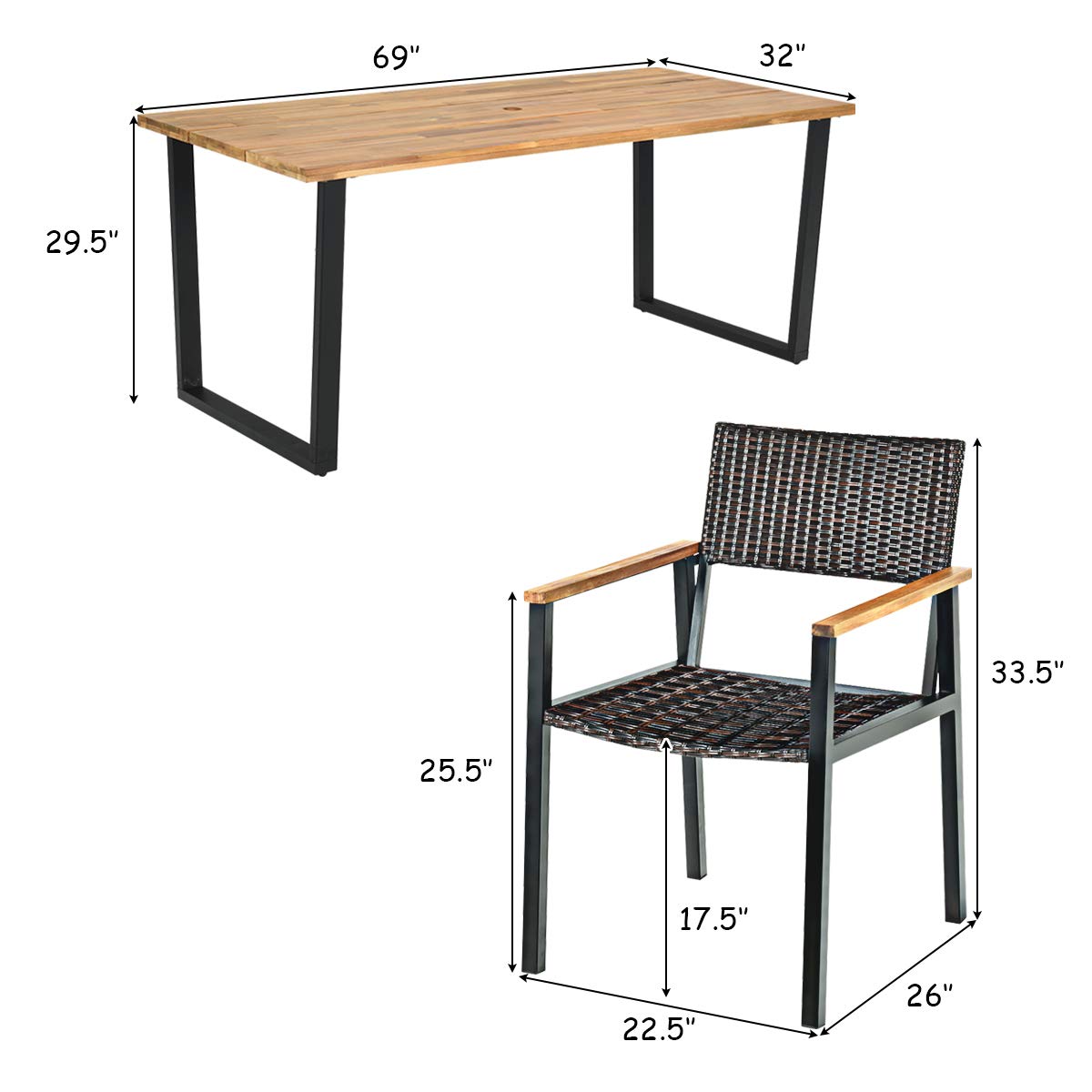 7-Piece Outdoor Dining Set with Acacia Wood Table and Rattan Chairs