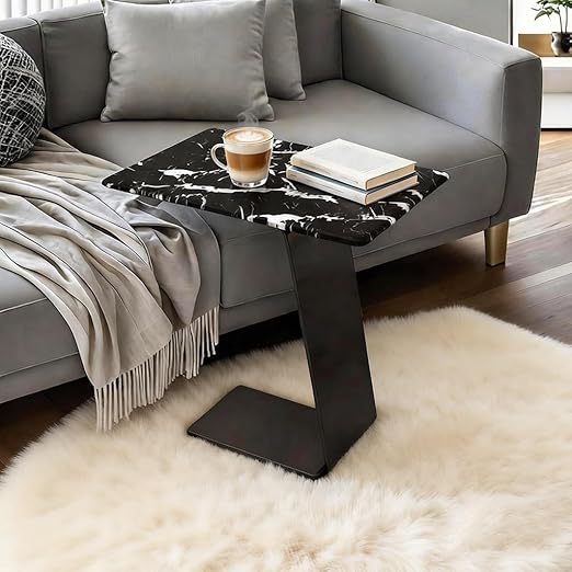 C-Shaped End Table with Metal Base