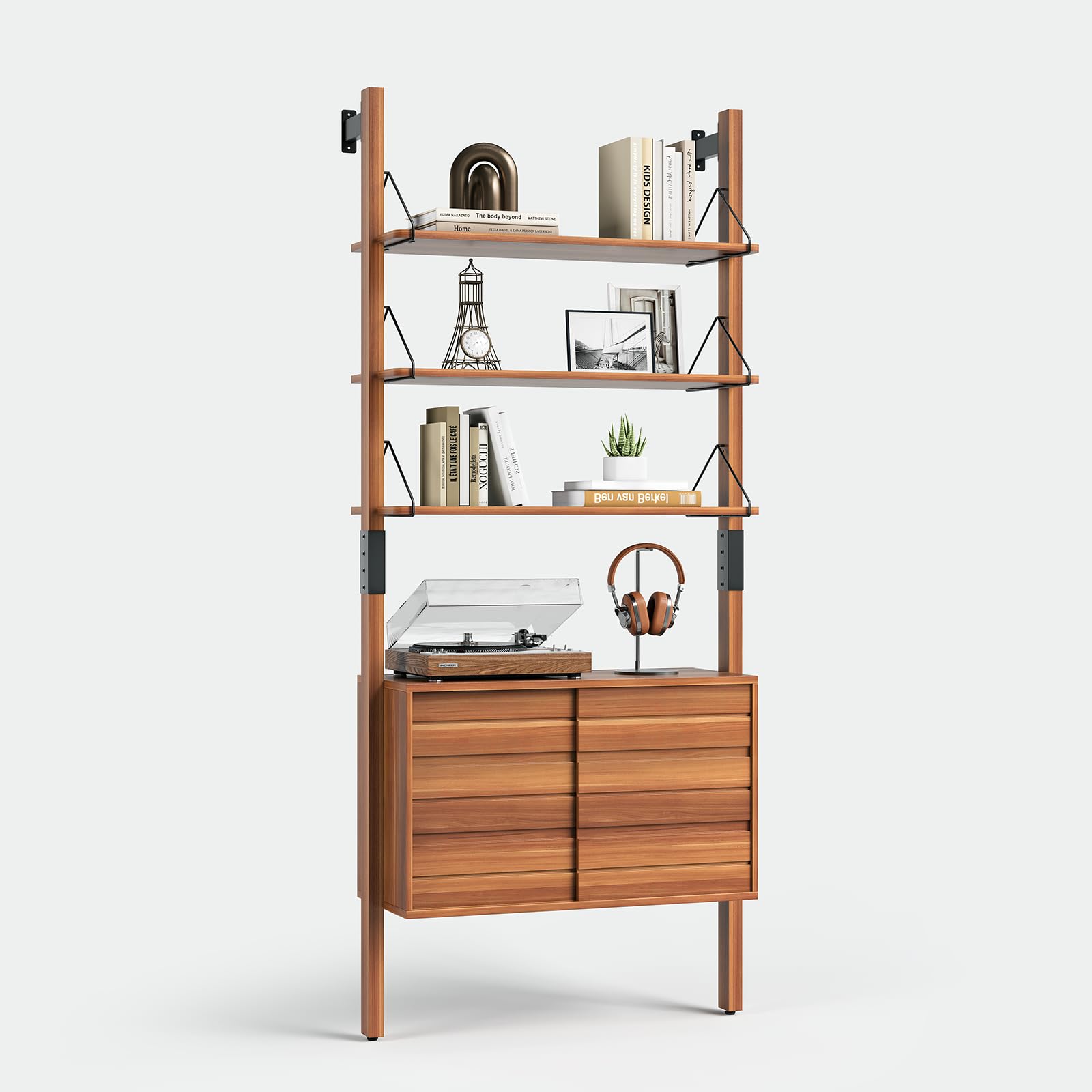 6-Tier Wall Mounted Ladder Bookshelf with Storage Cabinet