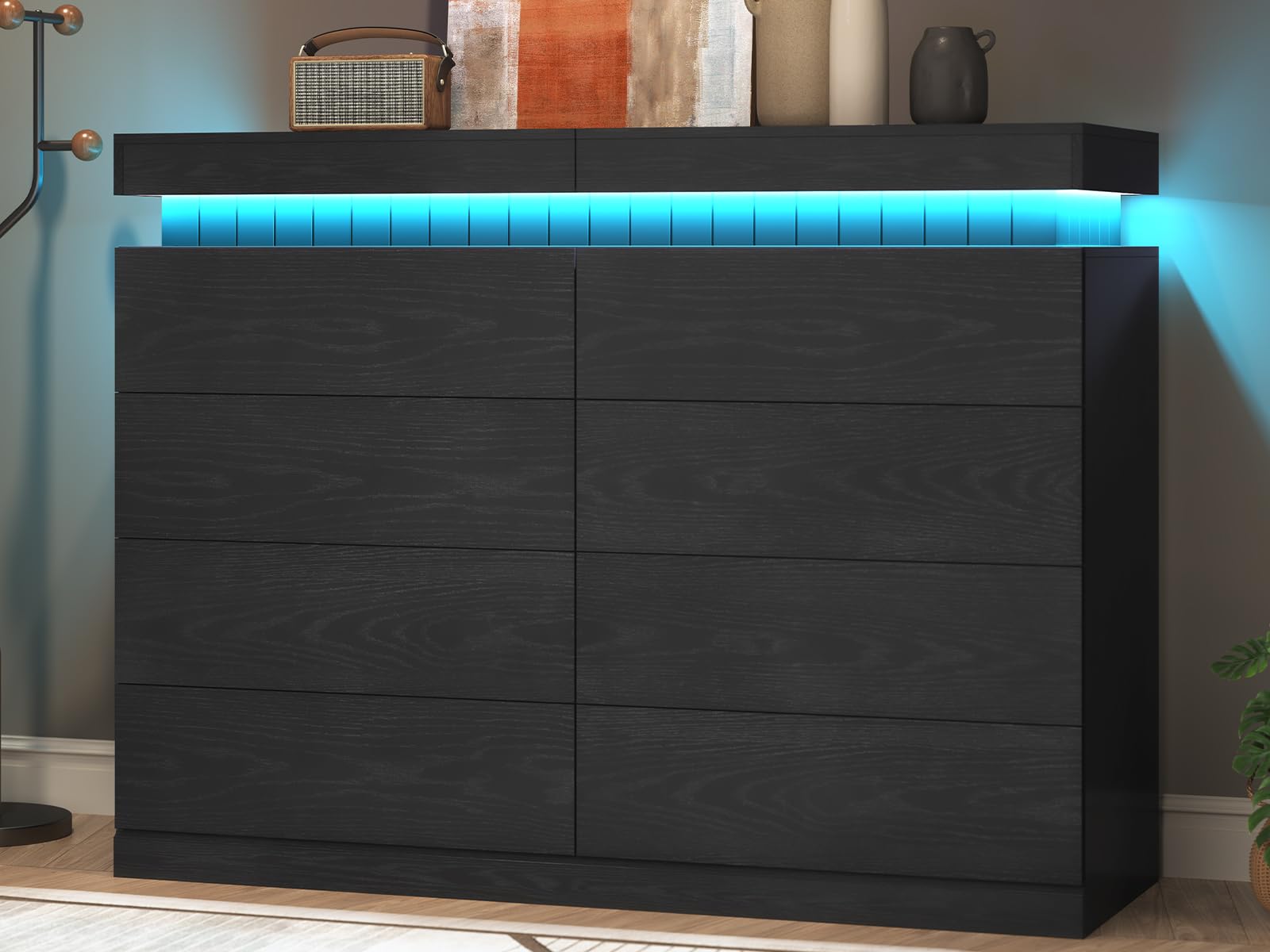 Tall Black 8-Drawer Dresser with LED Light and Power Outlet