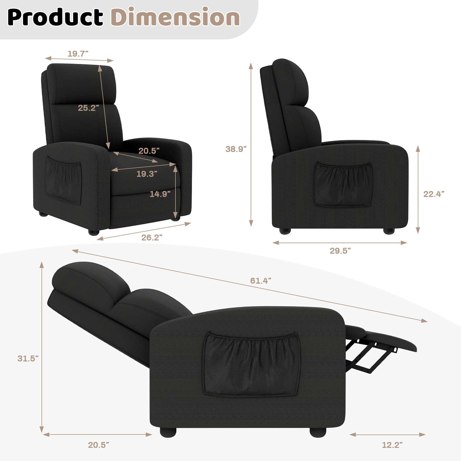 TLSUNNY Fabric Recliner Chair, Single Reclining Sofa with Thicker Seat Cushion and a Side Pocket, Home Theater Seating with Adjustable Backrest and Footrest, for Living Room, Linen (Black)