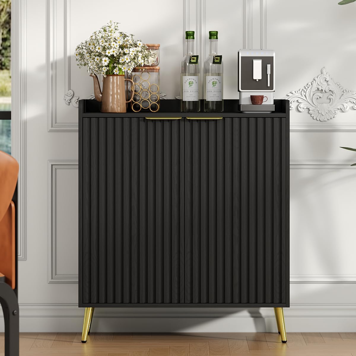 Modern Wine Bar Cabinet with Fluted Door and Glass Holder