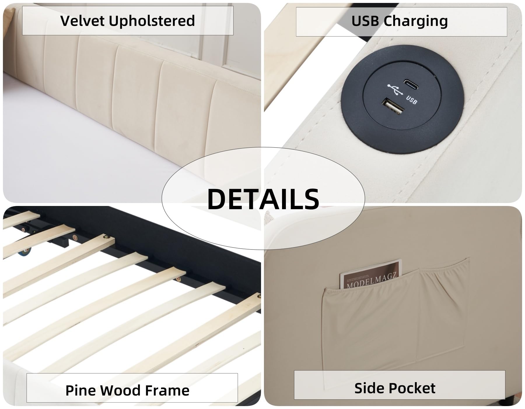Twin Velvet Corner Daybed with Liftable Trundle and USB Charging