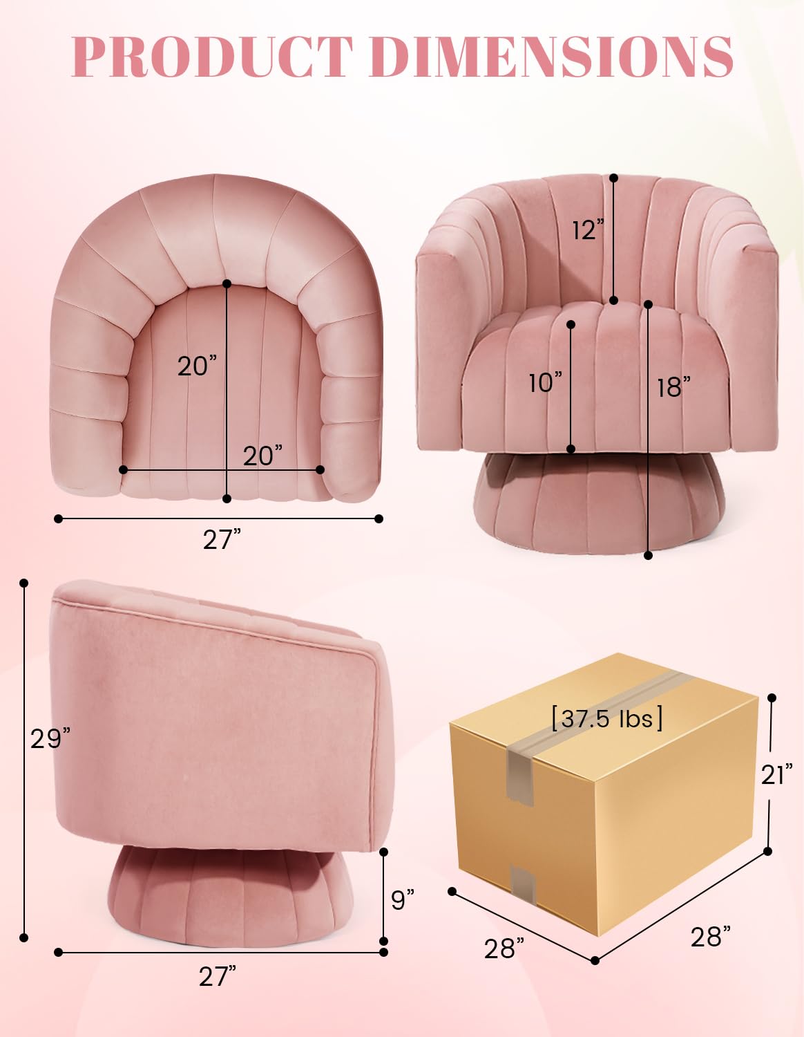 Velvet Pink Swivel Accent Chair with 360° Rotation