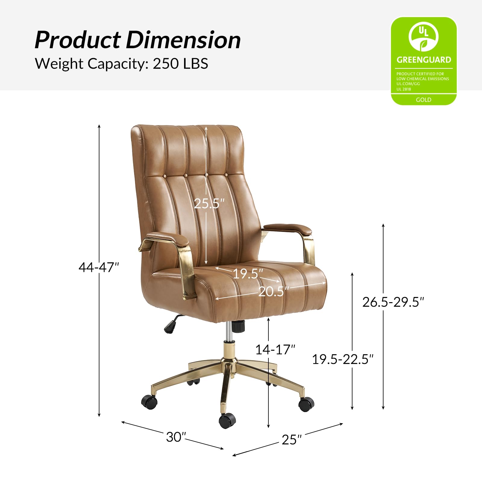 Executive Office Chair with Tufted Faux Leather and Gold Base