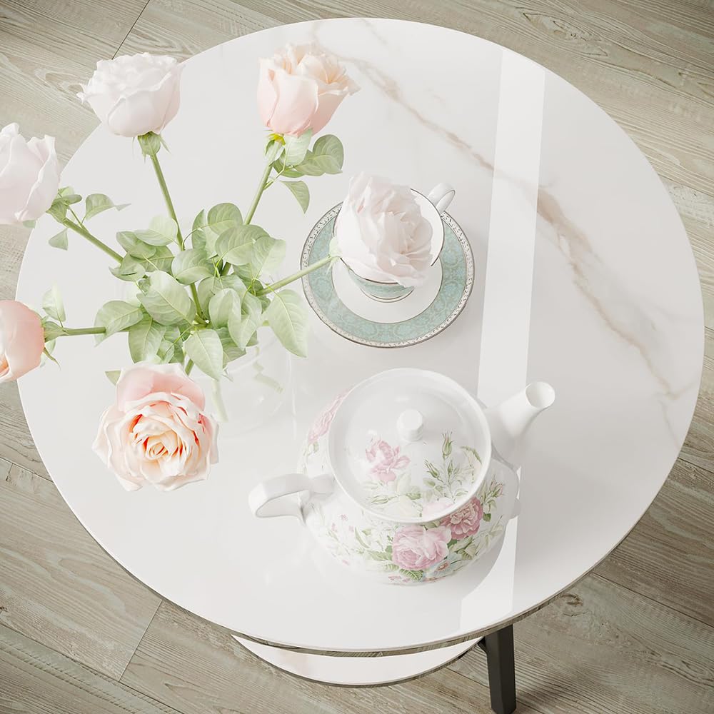 2-Tier Round Marble Side Table - White and Black End Table