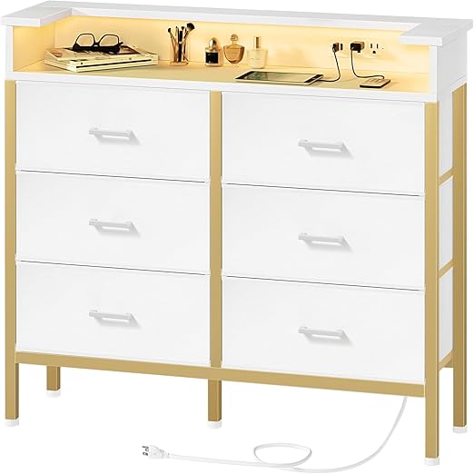 White Dresser with LED Light and Charging Station