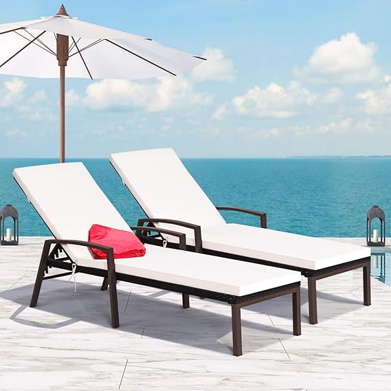 Outdoor Rattan Wicker Chaise Lounge Set of 2 with Adjustable Backrest