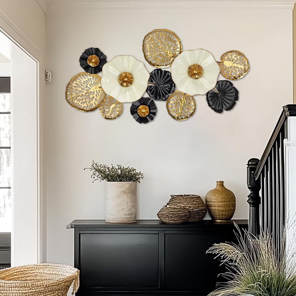 Modern Floral Metal Wall Art - Black Gold White Decorative Flower Sculpture
